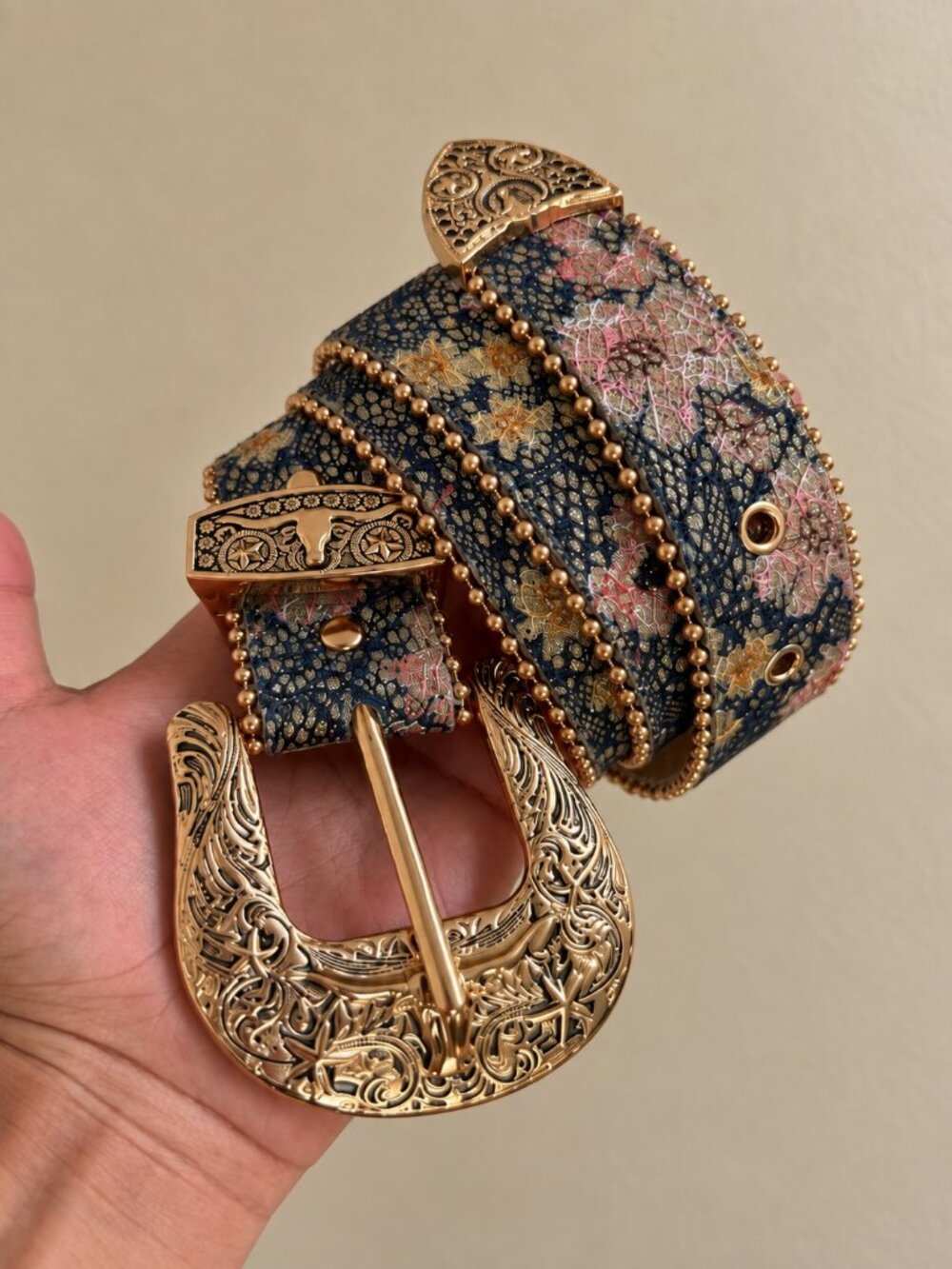 Navy Brocade Western Gold Filigree Buckle Belt Y2K Festival Statement OS